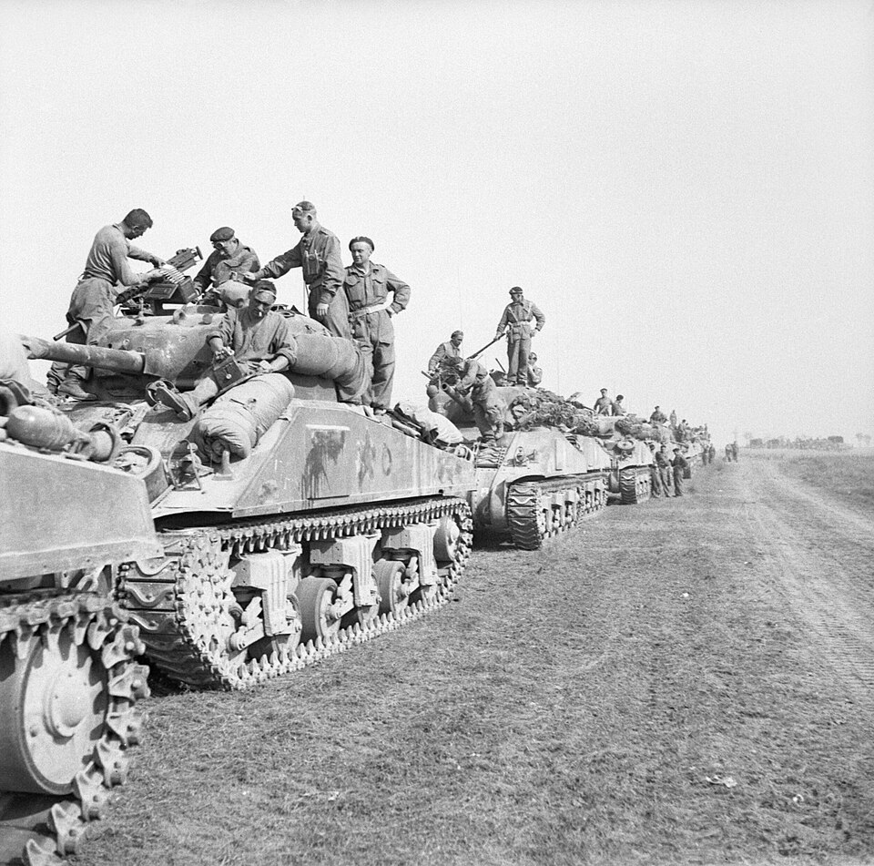 Sherman tanks of the 1st Polish Armoured Division assembled for Operation Totalise, Normandy, August 1944